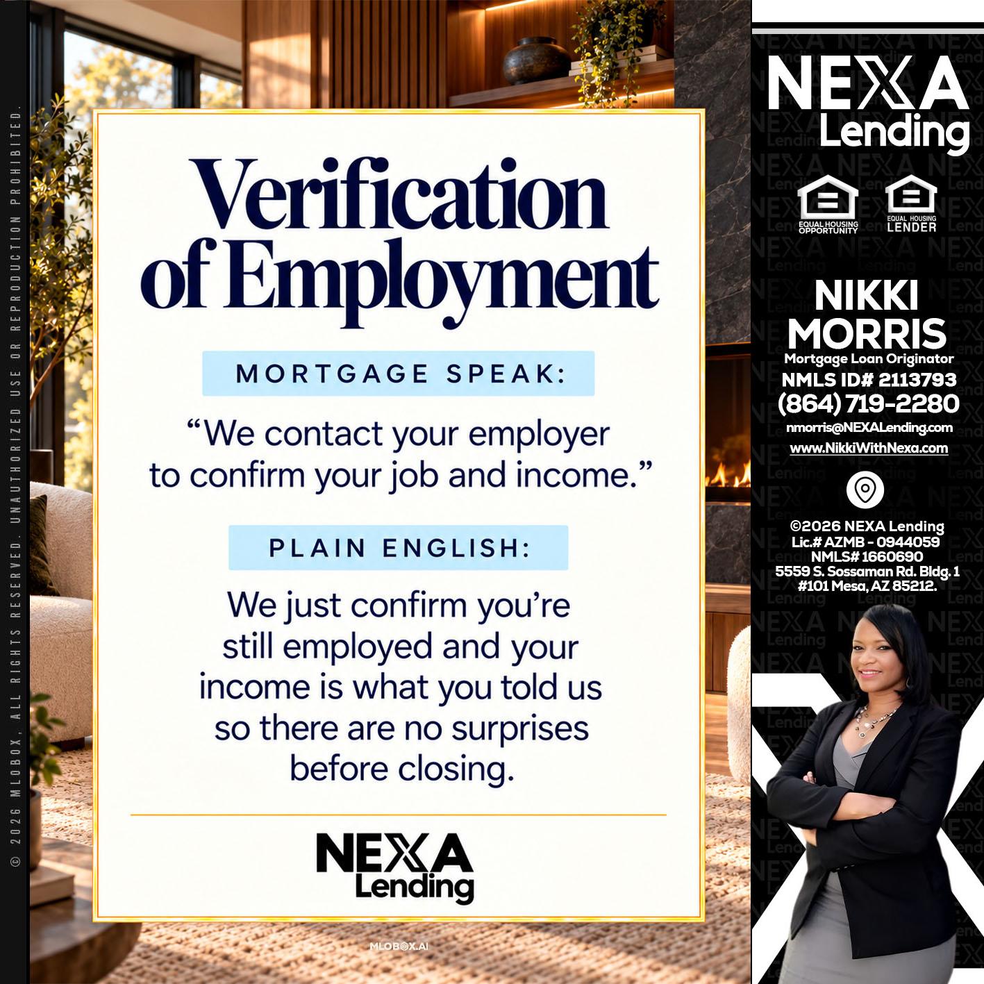 VERIFICATION OF EMPLOYMENT - Nikki Morris -Mortgage Loan Originator